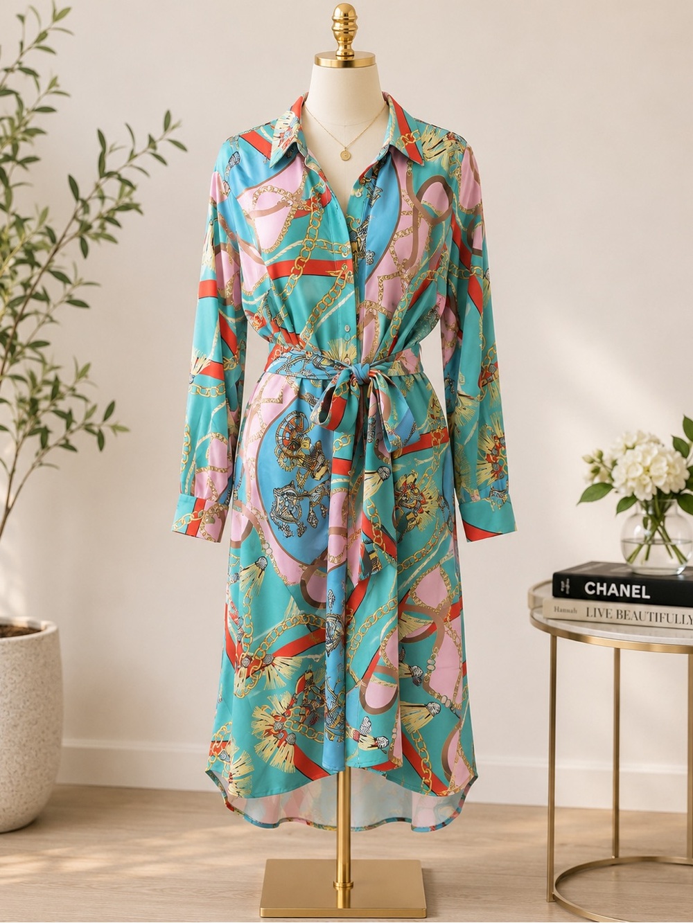 Designer-Inspired Chain Print Shirt Dress | Turquoise Multi | Tie Waist | Size M